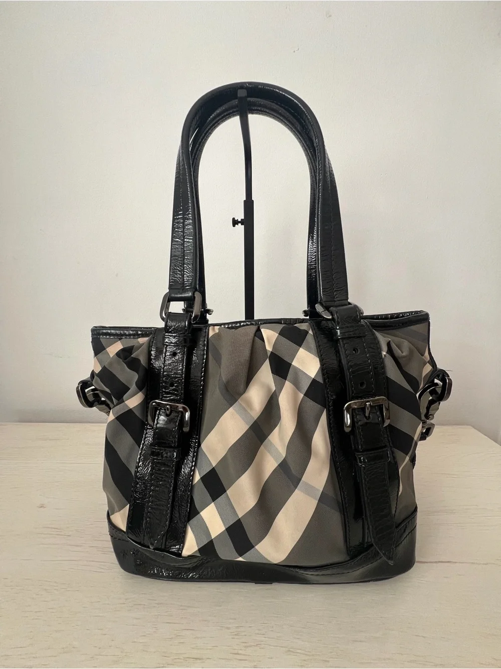 Burberry Black and Beige Checked Tote with Patent Trim